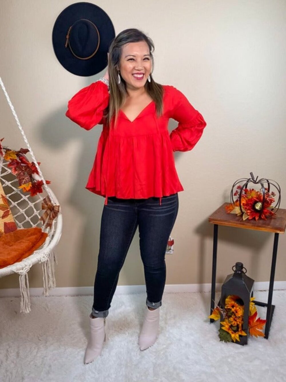 Red Long Sleeve Baby Doll Top